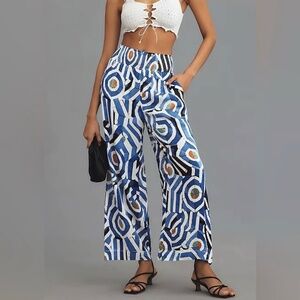 Maeve Saria Smocked Wide Leg Pants Blue Geometric Print Size S